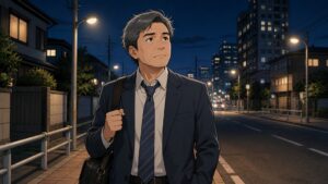 夜の帰り道、街灯に照らされた住宅街を歩く55歳の男性会社員が、家族の将来を守るために転職を決意する場面。リストラが進む製造業の会社に先が見えない不安を抱えながらも、高校生の子どもの未来を諦めさせまいと、覚悟を固めた表情で前を向いている。