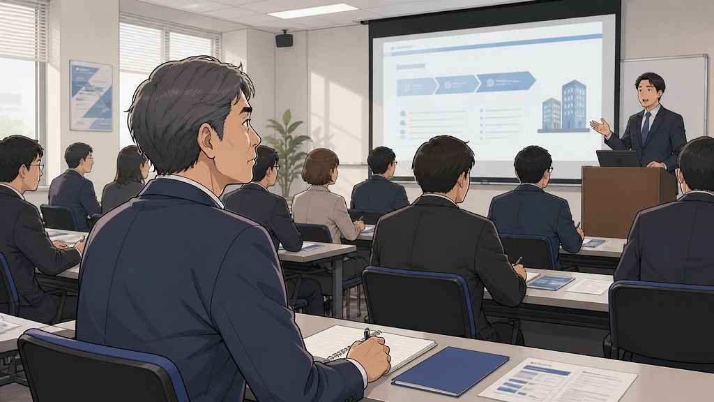 転職説明会の会場で、55歳の男性会社員が手続きや求人企業の説明を真剣に聞きながらメモを取る場面。前方では担当者が資料を示し、参加者たちは50代からの再就職に向けて、転職活動の流れや企業からの引き合いについて説明を受けている。