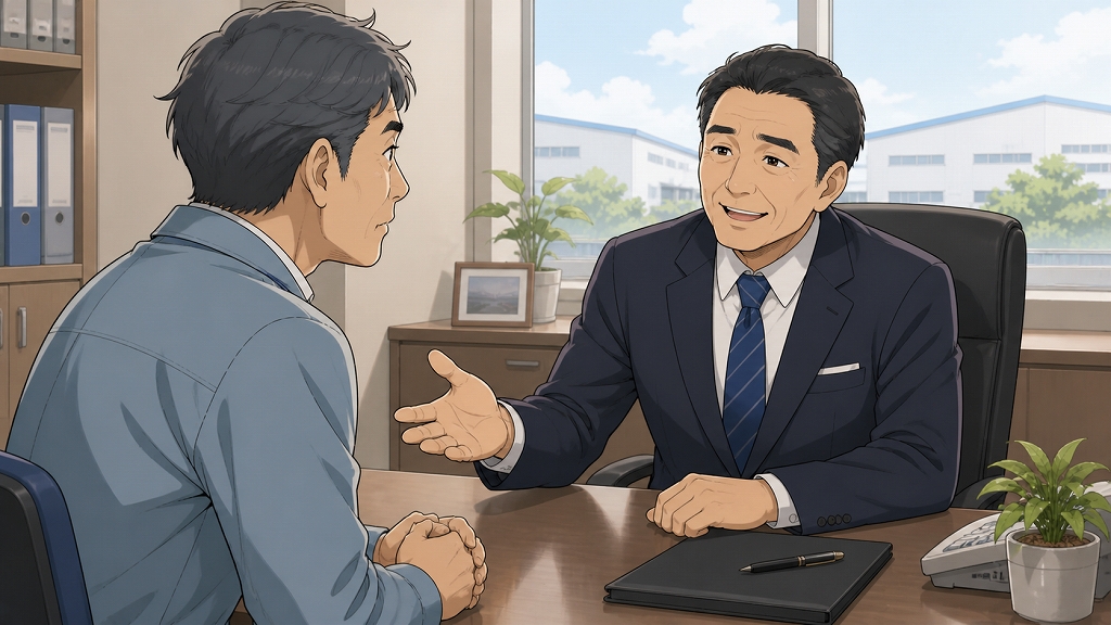新しい会社の社長室で、癌治療のため入退院を繰り返す不安を抱えた55歳の男性社員に、社長が穏やかな笑顔で復帰を励ます場面。製造業へ転職したばかりの男性は感極まった表情で話を聞き、社長の「少しずつでも一緒に進みましょう」という温かな姿勢に救われている。