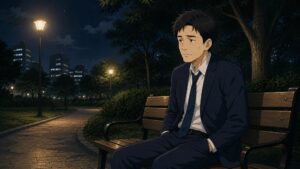 夜の公園。ベンチに座り、物思いにふける主人公