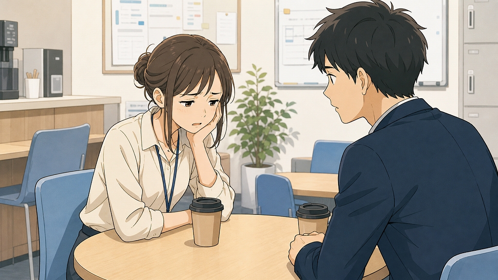 イベント会社の休憩スペースで、疲れ切った表情の後輩女性が「もう限界」と打ち明け、向かいに座る男性社員が心配そうに耳を傾けている転職体験談のワンシーン。長時間労働と暗い職場環境に悩む若手社員の不安、転職を考えるきっかけとなった会話を表現したイラスト。