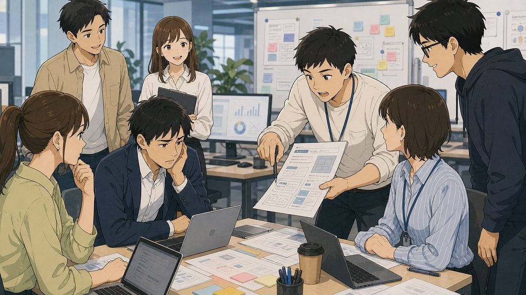 ITベンチャーの活気あるオフィスで、30代の男性Webディレクターが何時間もかけて作った企画案を、20代中心の若い同僚たちから率直に指摘され、戸惑いながら聞いている転職体験談のワンシーン。トップダウン型の前職から自由で意見交換が活発な職場へ移った際のカルチャーショック、未経験業界で年齢相応の成果を求められるプレッシャーを表現したイラスト。