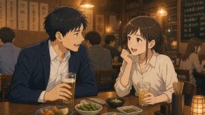前職を退職して1年後、イベント会社で一緒に働いていた元同僚の女性と男性が居酒屋で再会し、当時の過酷な長時間労働や暗い職場環境について笑いながら語り合っている転職体験談のワンシーン。転職後に気持ちが前向きになり、過去のつらい経験を振り返れるようになった関係性と心境の変化を表現したイラスト。