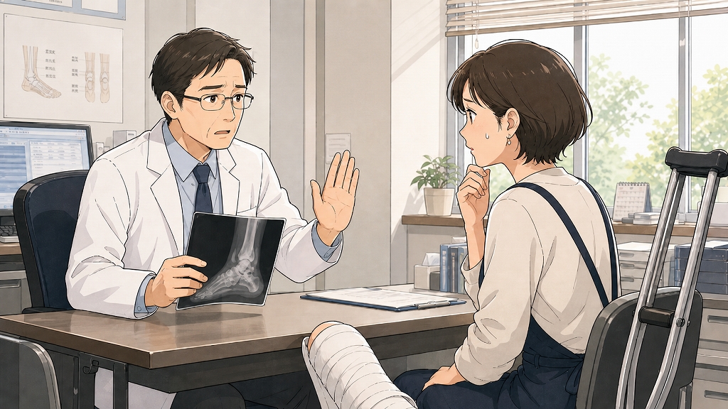 病院の診察室で、医師が足のレントゲンを手に持ちながら、アキレス腱断裂後の女性に立ち仕事を続けられないと説明している場面。松葉杖とギプスをそばに置いた30代半ばの女性が不安そうに聞き入り、理容師から異業種への転職を余儀なくされる転機が表現されているイラスト。