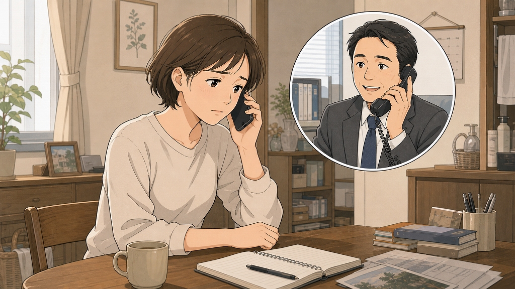 実家の理容店で働けなくなった30代半ばの女性が、自宅の木のテーブルで新聞社の知人からの電話を受けている場面。ノートや筆記具を前に不安と戸惑いの表情を浮かべながら、未経験から新聞記者への転職を打診される転機が描かれているイラスト。