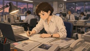 夕方6時の新聞社オフィスに到着した30代半ばの女性記者が、取材資料と新聞原稿に囲まれながら机で原稿を書いている場面。夕焼けが差し込む編集部で、未経験から記者に転職した女性が激務の中でも集中して記事作成に取り組む姿を描いたイラスト。