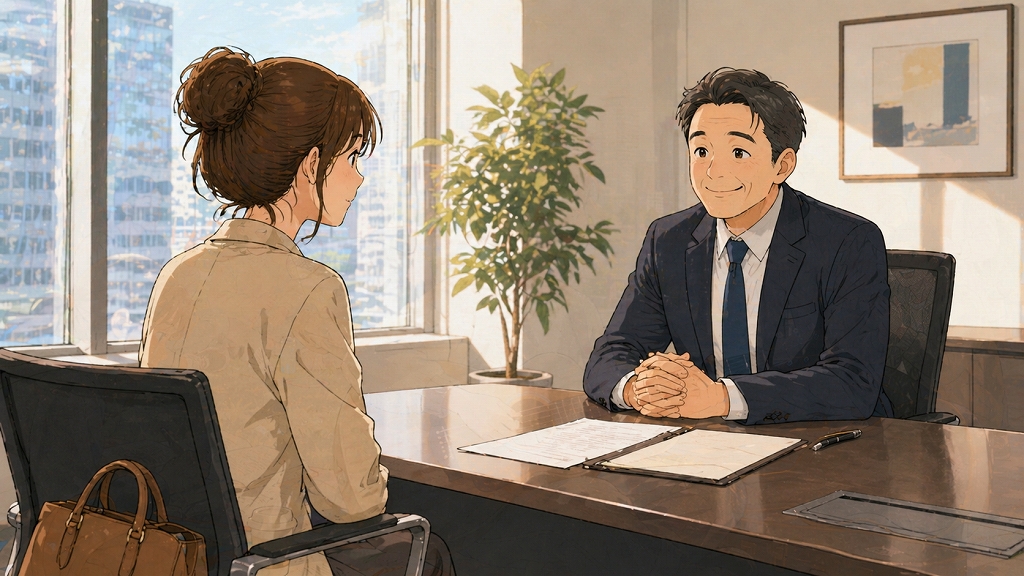 カナダ留学から帰国した女性が、復職するか悩みながら会社の面談室で上司と向き合い、優しく迎え入れられている転職体験談のワンシーン。明るい窓辺のオフィスで、不安と安心が入り混じる表情が描かれている。