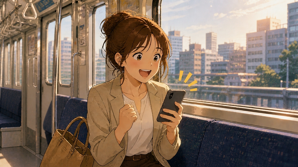 転職面接を終えた女性が、帰りの電車内でスマートフォンに届いた採用連絡を見て、驚きと喜びに表情を輝かせているワンシーン。夕方の車窓から街並みが見える通勤電車の中で、新しい職場への期待と転職成功の瞬間が描かれている。