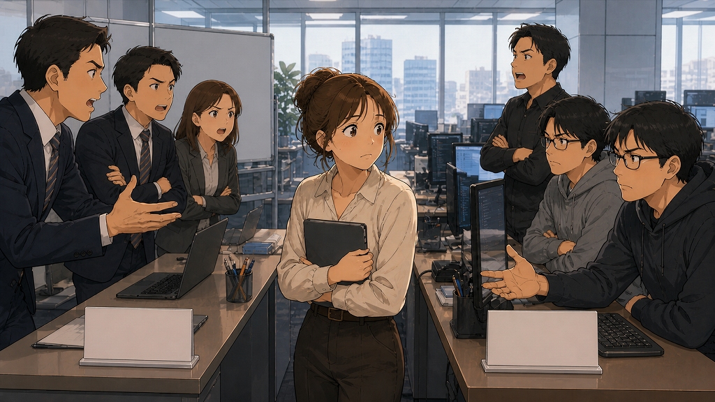 インターネット企業のオフィスで、営業チームと運用・開発チームが険悪な雰囲気で向き合い、中央の女性社員が不安そうに両者の対立を見守っている転職体験談のワンシーン。新しい職場で人間関係の悪さに直面した状況が描かれている。