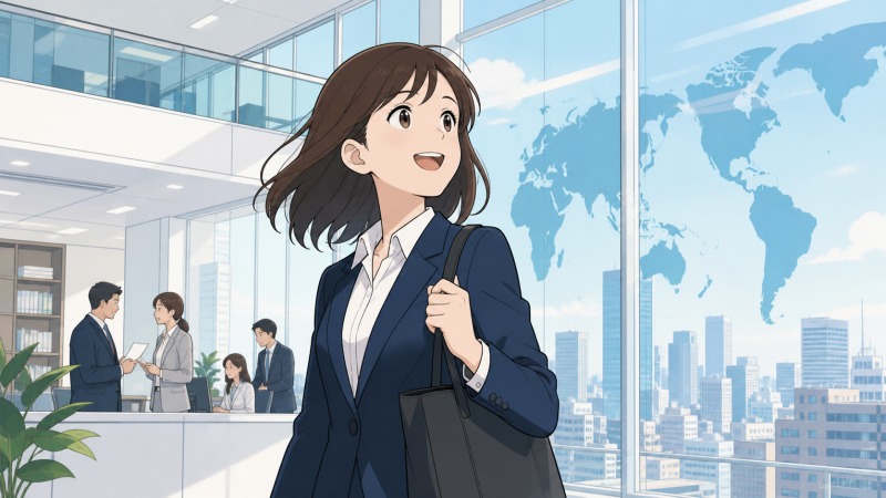 海外で働く夢を抱き、東京のシンクタンクに入社した20代女性が、世界地図の見える明るい高層オフィスで期待に満ちた表情を浮かべている転職体験談のイラスト。