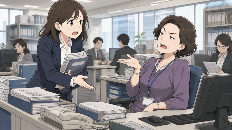 東京のシンクタンクの忙しいオフィスで、20代の女性リーダーが大量の英語資料を抱えて年上のパート社員に仕事を依頼するが、相手は椅子に座ったまま不機嫌そうに拒否している、人間関係に悩む転職前の場面。