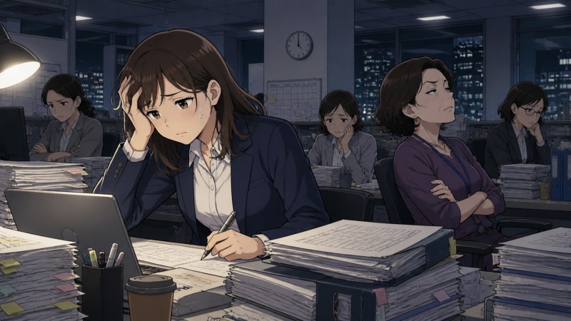 夜遅い東京のシンクタンクのオフィスで、20代女性リーダーが山積みの資料とパソコンに向かい疲れ切った表情で残業し、険悪な部署の雰囲気の中で退職を決意する転職前の場面。