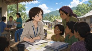 途上国の貧困地域で働くNGO職員の20代女性が、村の屋外支援拠点で現地の子どもや住民と笑顔で向き合い、海外で社会貢献の仕事に取り組んでいる転職後の場面。
