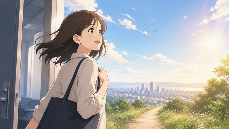 「ここは自分のフィールドじゃない」と気づいた20代女性が、暗いオフィスの扉を開けて明るい空と広い世界へ踏み出し、転職によって自分らしい働き方を選ぶ決意を表した場面。