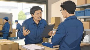 物流倉庫で中年の男性トラック運転手が、面倒な仕事を任されて同僚に不満をぶつけている転職前のワンシーン。段ボールや作業書類、配送トラックに囲まれた職場で、仕事が長続きしなかった頃の苛立ちと人間関係の衝突が描かれている。