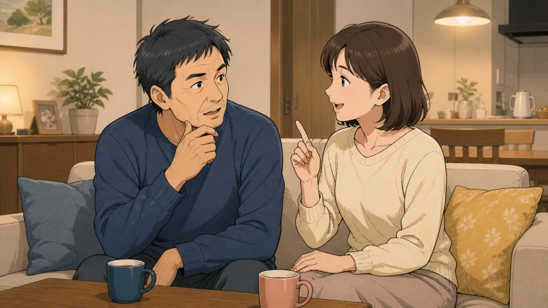 40代で結婚した男性が、自宅のリビングで妻から介護職への転職を勧められているワンシーン。妻は「困っている人を助けるのが好きな人」と夫の適性を穏やかに伝え、男性は介護業界への未経験転職を考え始めている。