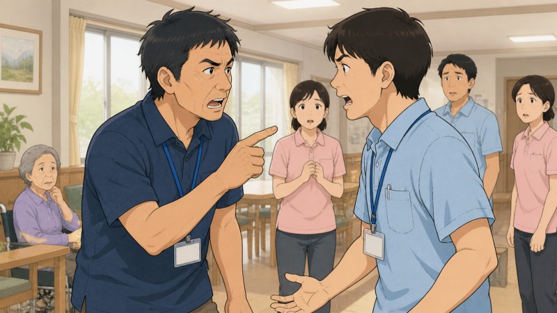 介護施設への出社初日に、40代男性の新人介護職員が先輩職員と口論しているワンシーン。利用者や同僚が不安そうに見守る明るい共有スペースで、未経験転職直後の人間関係の衝突と、利用者を思う気持ちから生まれた緊張感が描かれている。