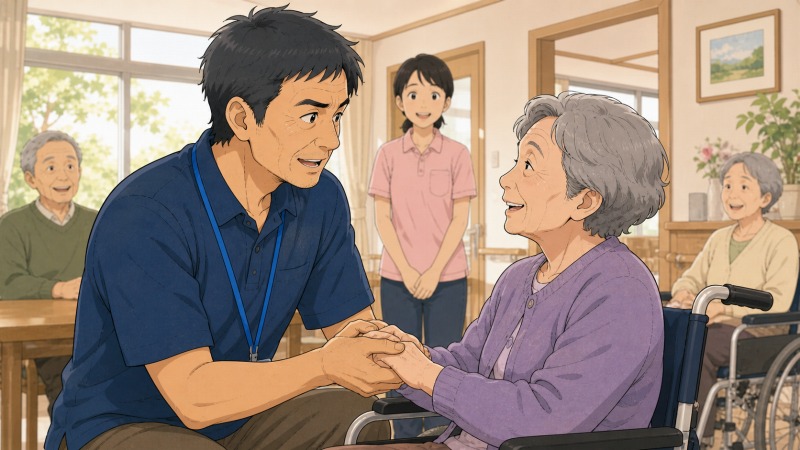 退院後に入った新しい介護施設で、50代の男性介護職員が車椅子の高齢利用者に必要とされ、手を取りながら穏やかに向き合っているワンシーン。明るい共有スペースで利用者の笑顔に触れ、介護の仕事を続ける意味と人の役に立つ喜びを見出している。