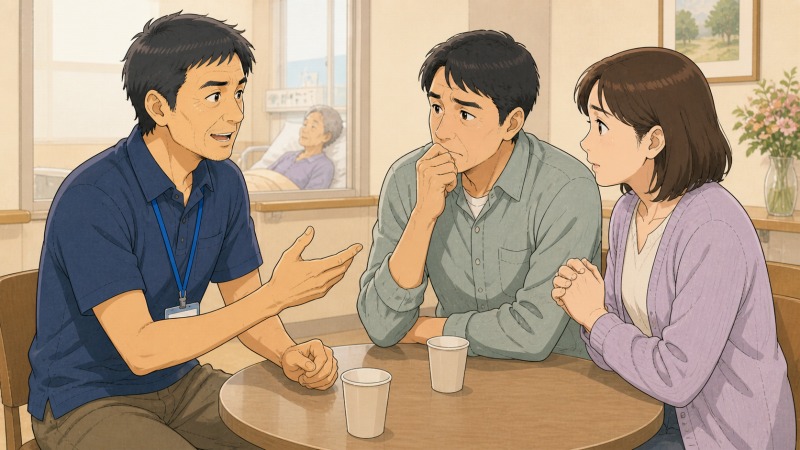 介護施設の面談スペースで、50代の男性介護職員が見舞いに来た利用者の家族と向き合い、悩みやストレスを聞きながら穏やかに助言しているワンシーン。病室の利用者を背景に、介護現場で家族支援やカウンセリングにつながる大切なコミュニケーションが描かれている。
