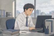 生活のために働く50代男性が、曇り空の見えるオフィスで静かにパソコンへ向かう転職体験談のイラスト。購買課で働くサラリーマンの疲れや孤独、仕事への生きがいを見失った心情を、書類の積まれたデスクと沈んだ表情で表現している。