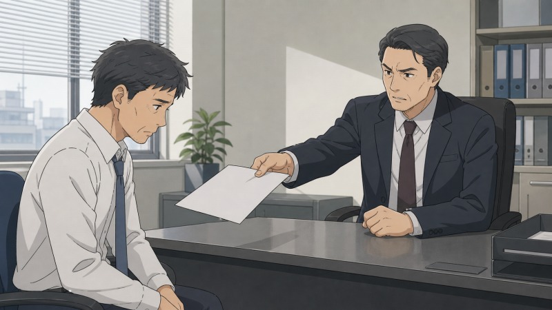 販売会社の購買課で働く50代男性が、上長から退職勧告を受けて肩を落とす転職体験談のイラスト。無言で差し出された退職届を前に、納得できない悔しさと不安を抱える表情が、パワハラ気味の職場環境と突然の退職勧告の重さを伝えている。