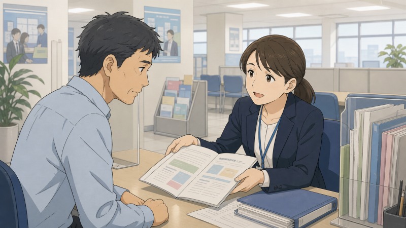 ハローワークの相談窓口で、50代男性が親切な担当者から求人情報の説明を受ける転職体験談のイラスト。退職勧告後の不安を抱えながらも、自分に合う仕事を一生懸命探してくれる支援者に出会い、転職活動への希望を少し取り戻す場面を描いている。