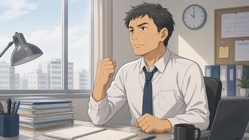 50代男性が転職活動の厳しい状況を前に、オフィスのデスクで拳を握り「大丈夫にする」と決意する転職体験談のイラスト。書類やノートが並ぶ机、窓の外の明るい街並み、引き締まった表情が、生活と家族を支えるために再び転職へ向き合う緊張感と前向きな覚悟を表している。