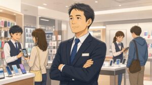 49歳で携帯電話ショップの店長に就任した男性が、明るい店舗内でスタッフや来店客を見守りながら立つ転職体験談のイラスト。販売職から店長として新規店舗運営に挑む50代男性の責任感と前向きな姿勢を描いている。