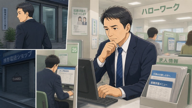 閉店が相次ぐ携帯電話ショップを前に、50歳の男性店長が本社に戻る居場所のなさを感じながら、会社に秘密でハローワークに通い求人情報を探す転職活動中のイラスト。50代転職の不安、店舗閉鎖、異業種への再出発を象徴する場面。