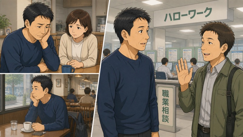 妻の不安そうな表情を見るのが辛く、職安と喫茶店で一日を過ごしていた50代男性が、ハローワークでかつての携帯電話ショップの常連客と偶然再会する転職体験談のイラスト。失業中の不安、家族への申し訳なさ、再就職のきっかけとなる出会いを描いている。