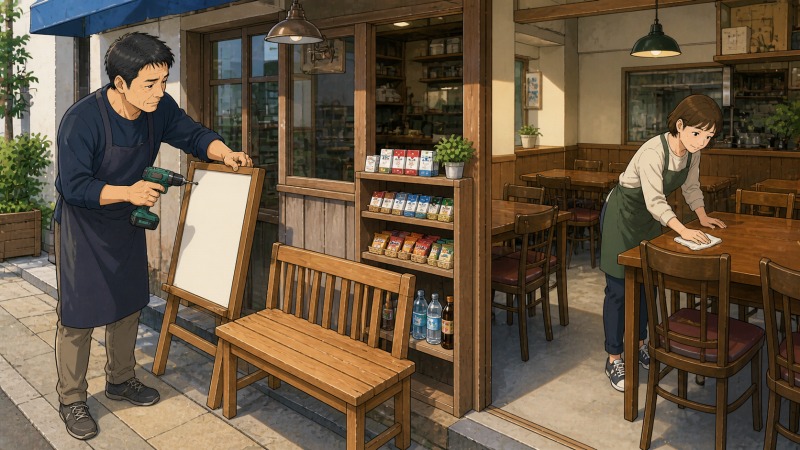 50代男性と妻が新しい職場となる飲食店で、手作りの看板を準備し、古くなった木製テーブルや椅子を丁寧に磨いて開店準備を進める転職体験談のイラスト。未経験から飲食店経営に挑戦する夫婦の努力、資金不足の中での再出発、手作りの店づくりを描いている。
