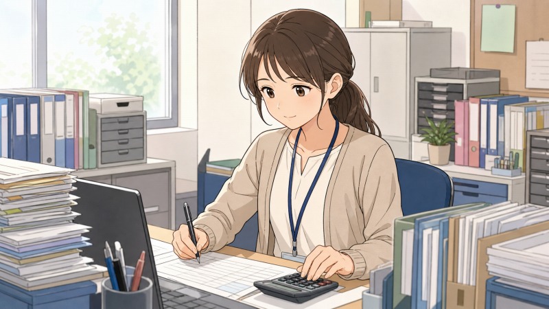 29歳の女性契約社員が、学校法人の明るい経理オフィスで、書類と電卓を前に一人で会計処理を進めているアニメ風イラスト。派遣・契約社員として経理業務を担当し、実務経験への不安を抱えながらも丁寧に仕事へ向き合う転職前のワンシーン。