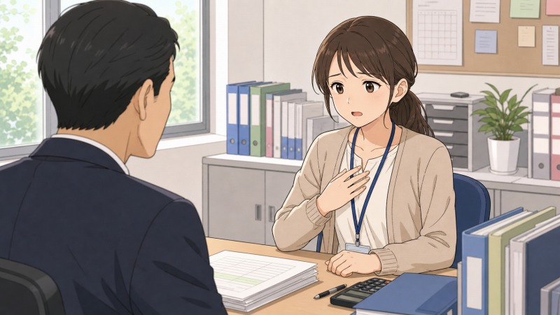 学校法人の経理部門で働く29歳の女性契約社員が、上司との面談中に「ここで長く続ける気持ちはない」と本音を伝えている転職体験談のワンシーン。明るいオフィスのデスク越しに、将来への迷いと退職を意識し始めた緊張感が表情に表れている。