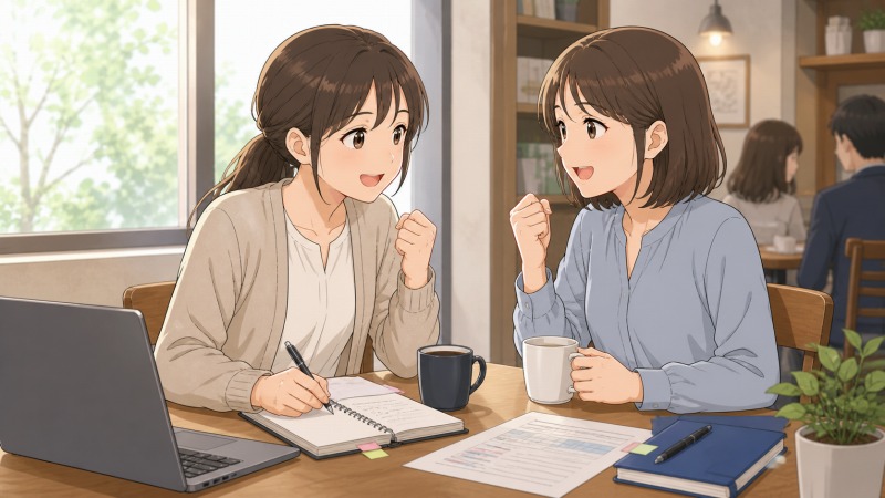 転職活動中の29歳女性が、同じ時期に転職を目指す友人とカフェで向かい合い、求人資料やノートを広げながら互いに励まし合っているアニメ風イラスト。不安定な転職活動の時期に、友人の存在が心の支えとなり前向きに進もうとする様子が描かれている。
