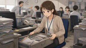 大手メーカーへ正社員事務職として転職した29歳女性が、乱雑に積まれた書類とホコリだらけの職場で、他人の資料が詰まったデスクの引き出しを開けて戸惑っているアニメ風イラスト。背後では上司が怒鳴り声を上げ、清潔感のないフロアと緊張した人間関係から、転職後に感じた職場環境への強い違和感と不安が伝わる。