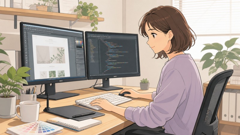 15年のWebデザイン経験を持つ女性が、小さな制作会社の明るいオフィスでデュアルモニターを使い、Webサイトのデザインとコーディングに集中している様子。Adobe系ソフトやコード編集に慣れたWebデザイナーとして、落ち着いた表情で仕事に取り組んでいる。
