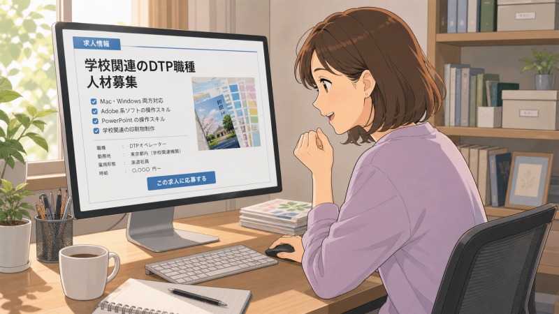 40代後半の女性が自宅の明るいデスクで、学校関連のDTPオペレーター求人を見つけ、Mac・Windows対応やAdobe系ソフト、PowerPointなど自分の得意スキルと一致していることに気づき、前向きな表情で即応募しようとしている転職活動の場面。