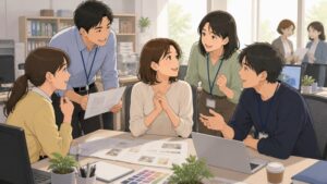 教育業界のDTP職場で、社員同士がミスを責めずに励まし合い、資料やデザイン案を囲みながら打開策を提案している場面。40代後半の女性が安心した表情で同僚に囲まれ、互いを尊重する前向きな職場環境の中で働いている。