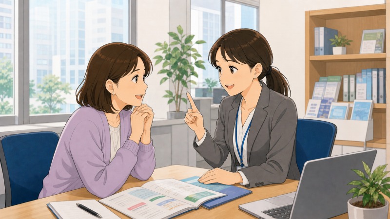 派遣社員として3年後の将来に不安を感じる40代後半の女性が、派遣会社の担当コーディネーターに相談している場面。教育関係の経験は次の転職でも評価され、年齢よりもスキルと人柄が重視されると励まされ、安心した表情へ変わっていく様子。