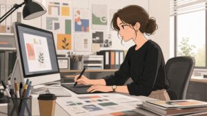 40代女性のチーフグラフィックデザイナーが、デザイン事務所のデスクでペンタブレットを使い、資料や色見本に囲まれながら集中して作業している転職前のワンシーン。忙しい毎日の中で責任感を持って働く姿を描いたイラスト。