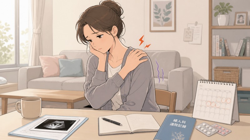 婦人科系の病気が見つかり、手術するか通院で様子を見るか悩む40代女性が、自宅の机で医療書類や通院予定を前に肩の痛みをこらえている転職前のワンシーン。長年の疲労と会社の業績不安による心労、五十肩のしびれを抱えながら働き方を見つめ直す様子を描いたイラスト。