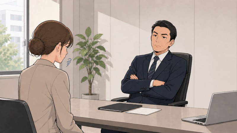 40代女性の転職面接で、採用担当者が腕を組んで厳しい表情を見せ、背後に若い応募者を連想させる人物が立つ面接室のワンシーン。年齢や経験年数が不利に受け取られ、長年のグラフィックデザイナー経験を否定されたように感じる求職活動中の緊張と落胆を描いたイラスト。