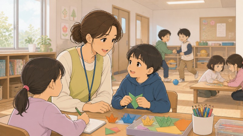 放課後児童クラブの支援員に転職した40代女性が、明るい教室で小学生たちと折り紙や工作をしながら穏やかに関わっているワンシーン。未経験の福祉・児童支援の仕事で、子どもへの声かけや遊びを通じて新しい働き方を始めた様子を描いたイラスト。