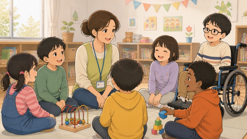 放課後児童クラブの明るい教室で、支援員の40代女性が、人種や障害の有無にかかわらず子どもたちを輪の中に迎え入れ、みんなで笑顔で遊んでいるワンシーン。多様な子どもたちが自然に受け入れ合う姿を通じて、児童支援の現場にある包容力と学びを描いたイラスト。