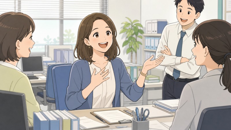 非正規雇用の事務職として働く女性が、明るいオフィスで同僚に囲まれながら「仕事が生きがい」と語るように笑顔で話している転職体験談のイラスト。デスクには書類や文具が並び、仕事への前向きな姿勢とやりがいを感じる様子が描かれている。