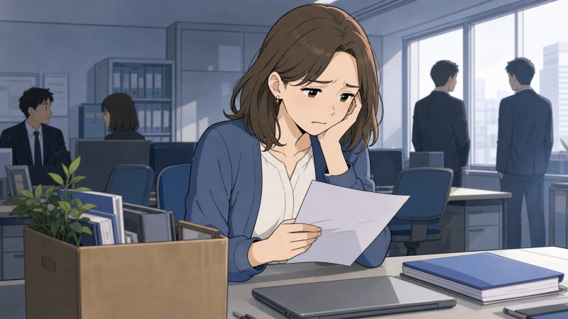 会社の業績悪化により派遣契約が打ち切られ、事務職の女性がオフィスのデスクで通知書を見つめながら虚しさと不安を抱えている転職体験談のイラスト。そばには私物を入れた段ボール箱があり、非正規雇用の不安定さと転職を余儀なくされた状況が伝わる。