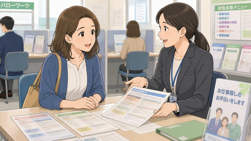 ハローワークの相談窓口で、正社員の事務職への転職を目指す40代女性が、親身な職員から求人票を案内されている転職活動のイラスト。明るい相談ブースに求人資料やパンフレットが並び、非正規雇用から正社員を目指して前向きに仕事探しを進める様子が描かれている。