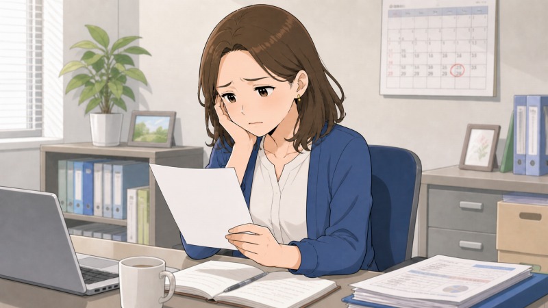 正社員の事務職へ転職した40代女性が、入社から1年経っても賞与が支給されない現実を知り、オフィスのデスクで通知書を見つめて落ち込んでいる転職体験談のイラスト。期待していた給与待遇との違いに戸惑い、正社員転職後の後悔と不安を感じている様子が描かれている。