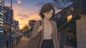 最終的に入社を決めたのは自分です。そのため、誰を責めるわけにもいきません。ただただ後悔しています。 夕方の帰路。悔しそうな表情がこぼれる主人公
