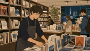 六本木のおしゃれな書店で、20代男性のアルバイト店員がデザイン書や建築書、アメコミ、洋書が並ぶ棚を丁寧に整えているイラスト。夜景の見える店内で常連客や観光客が本を手に取り、好きな本に囲まれて働く書店販売員の充実感が伝わる転職体験談のワンシーン。